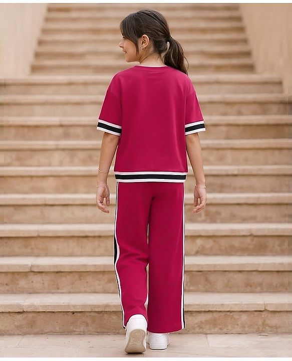 Pine Kids 100% Cotton Knit Half Drop Shoulder Sleeves Text Printed Top & Pant Set - Dark Pink