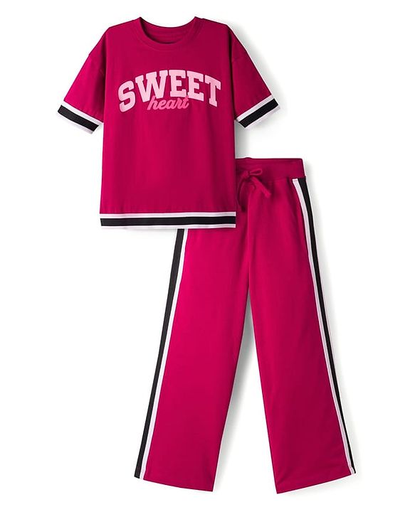 Pine Kids 100% Cotton Knit Half Drop Shoulder Sleeves Text Printed Top & Pant Set - Dark Pink