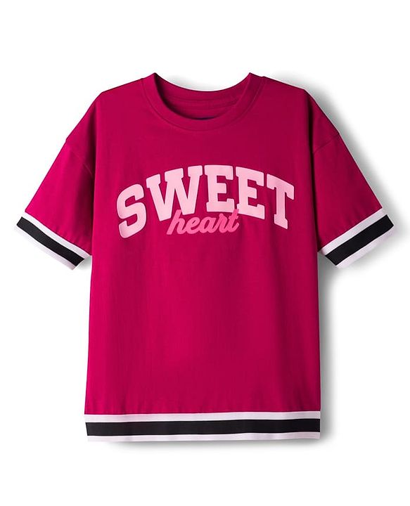 Pine Kids 100% Cotton Knit Half Drop Shoulder Sleeves Text Printed Top & Pant Set - Dark Pink
