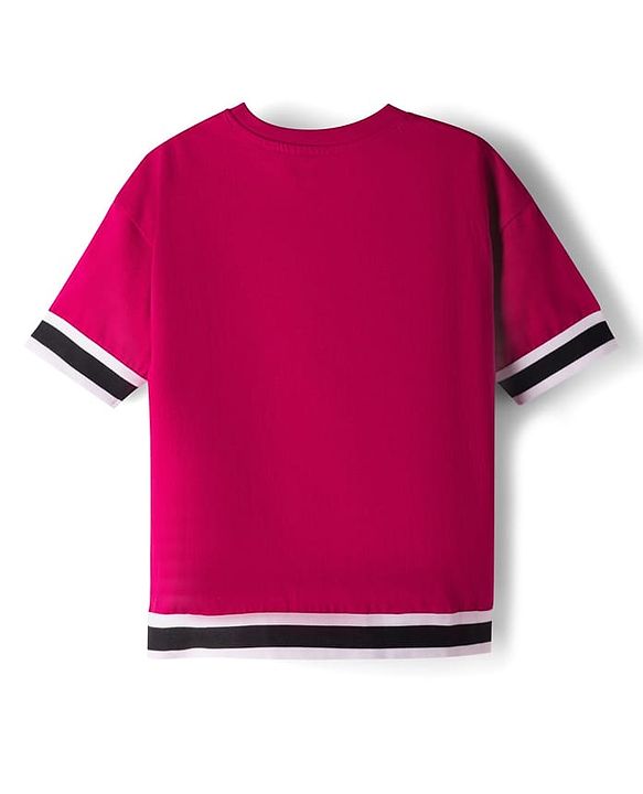 Pine Kids 100% Cotton Knit Half Drop Shoulder Sleeves Text Printed Top & Pant Set - Dark Pink