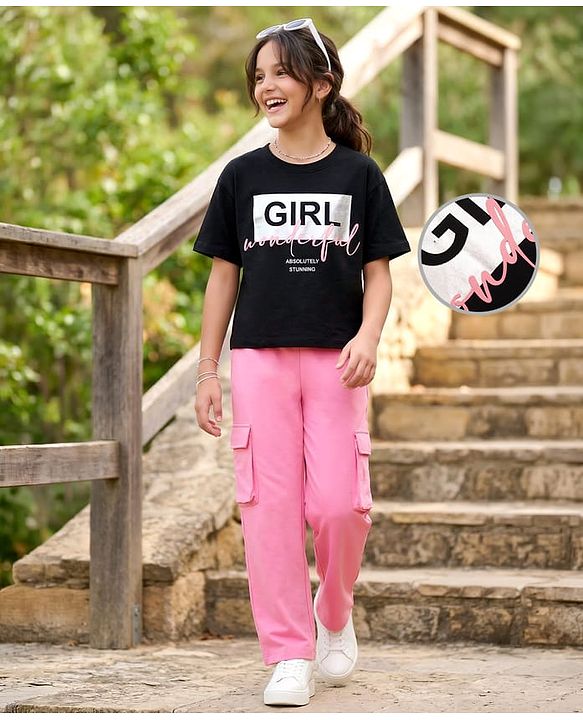 Pine Kids Cotton Knit Drop Shoulder Half Sleeves T-Shirt & Lounge Pant set with Text Foil Print - Black & Pink