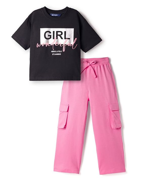 Pine Kids Cotton Knit Drop Shoulder Half Sleeves T-Shirt & Lounge Pant set with Text Foil Print - Black & Pink