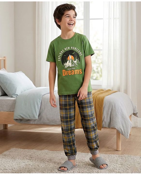 Pine Kids 100% Cotton Knit Half Sleeves Text Printed T-Shirt & Pyjama Night Suit With Checks Print - Green