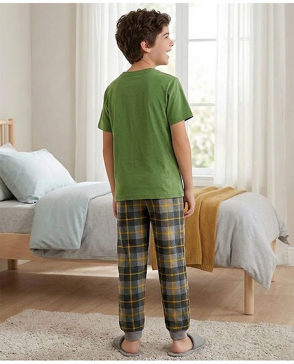 Pine Kids 100% Cotton Knit Half Sleeves Text Printed T-Shirt & Pyjama Night Suit With Checks Print - Green