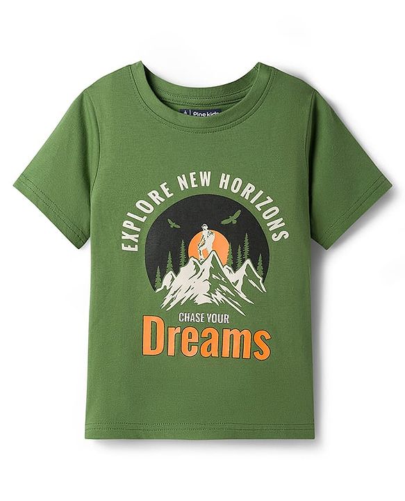Pine Kids 100% Cotton Knit Half Sleeves Text Printed T-Shirt & Pyjama Night Suit With Checks Print - Green