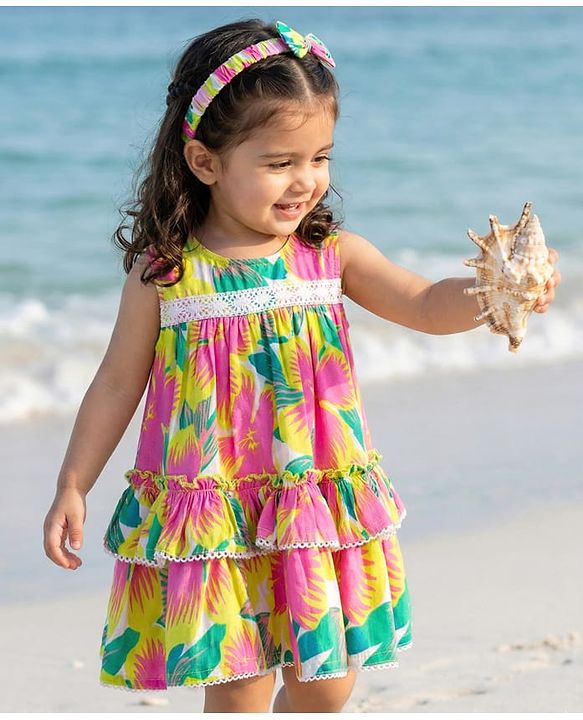 Babyhug Cotton Woven Sleeveless Floral Printed Frock With Lace Detailing & Headband - Multicolor