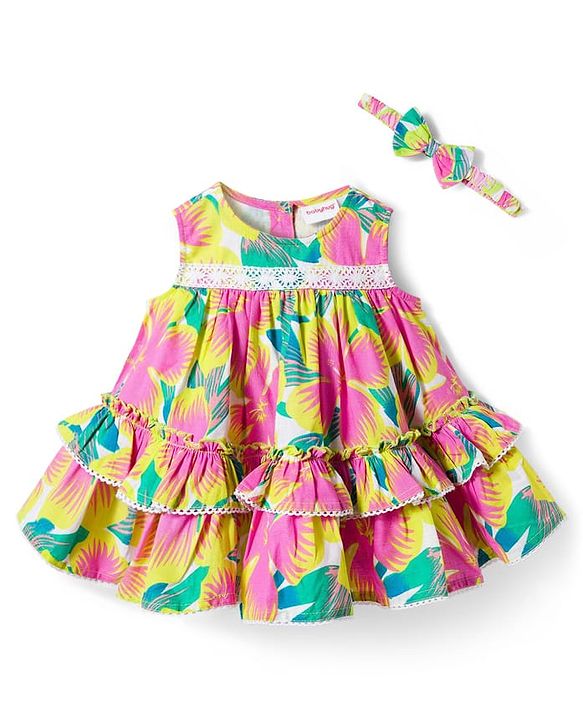 Babyhug Cotton Woven Sleeveless Floral Printed Frock With Lace Detailing & Headband - Multicolor