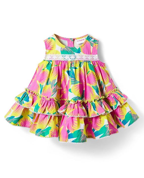 Babyhug Cotton Woven Sleeveless Floral Printed Frock With Lace Detailing & Headband - Multicolor