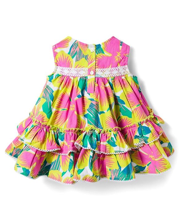 Babyhug Cotton Woven Sleeveless Floral Printed Frock With Lace Detailing & Headband - Multicolor