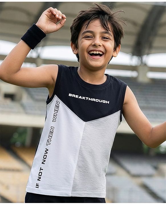 Pine Kids Cotton Knit Sleeveless Text Printed Cut & Sew T-Shirt - Black, Grey & White