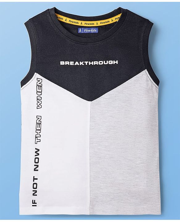 Pine Kids Cotton Knit Sleeveless Text Printed Cut & Sew T-Shirt - Black, Grey & White