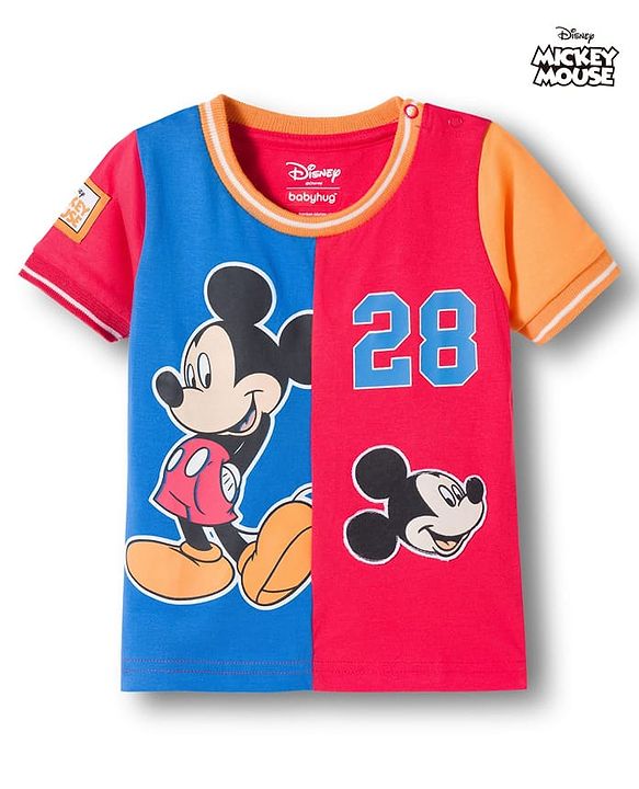 Babyhug Disney Single Jersey Knit Half Sleeves Cut & Sew T-Shirt with Mickey Mouse Graphic - Multicolor