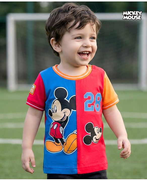 Babyhug Disney Single Jersey Knit Half Sleeves Cut & Sew T-Shirt with Mickey Mouse Graphic - Multicolor