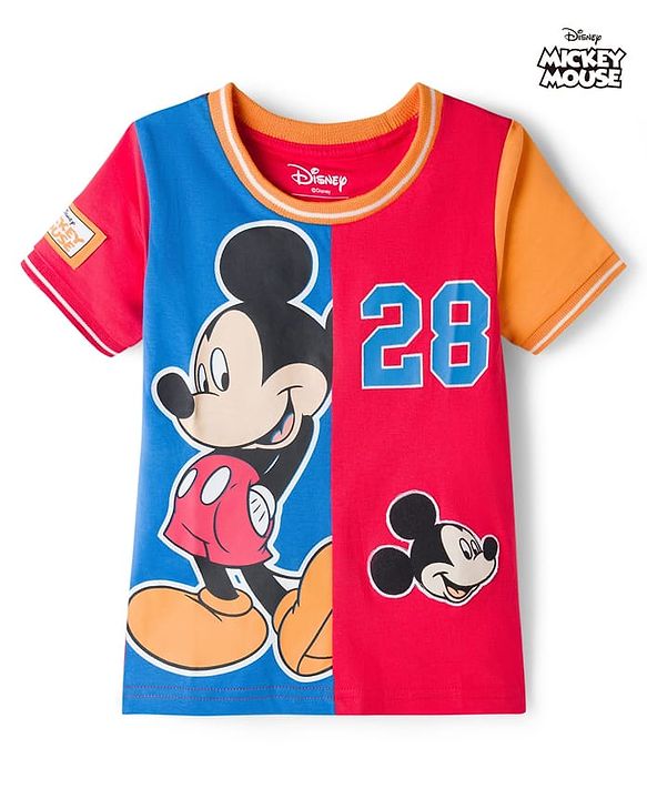 Babyhug Disney Single Jersey Knit Half Sleeves Cut & Sew T-Shirt with Mickey Mouse Graphic - Multicolor
