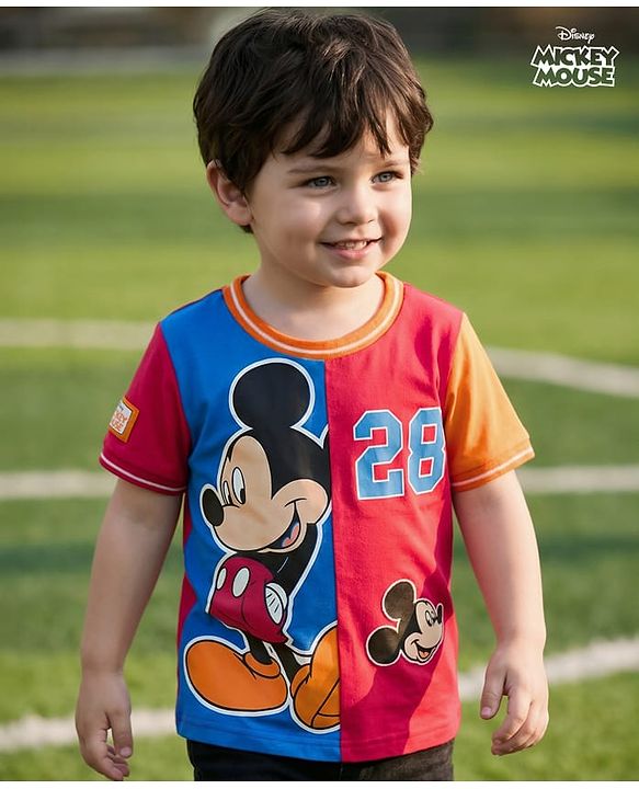 Babyhug Disney Single Jersey Knit Half Sleeves Cut & Sew T-Shirt with Mickey Mouse Graphic - Multicolor