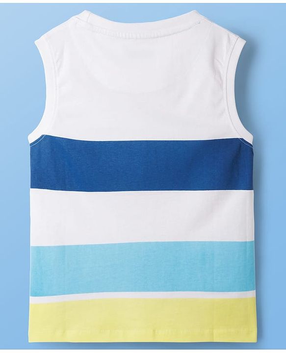 Pine Kids Cotton Knit Sleeveless Striped T-Shirt with Text Print - White & Blue