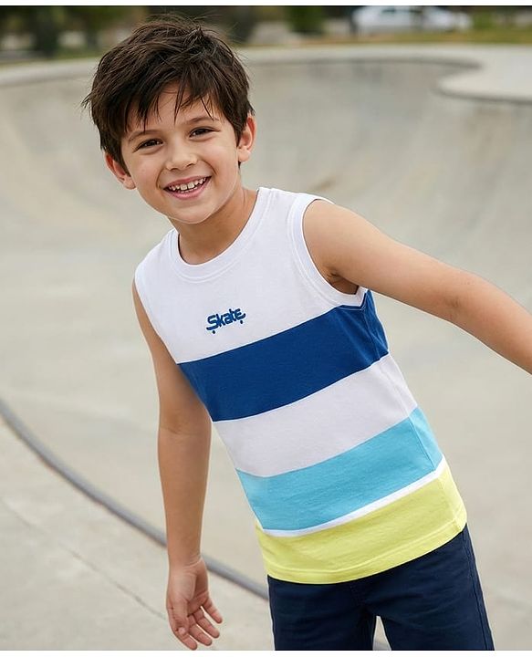 Pine Kids Cotton Knit Sleeveless Striped T-Shirt with Text Print - White & Blue