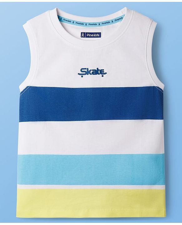 Pine Kids Cotton Knit Sleeveless Striped T-Shirt with Text Print - White & Blue