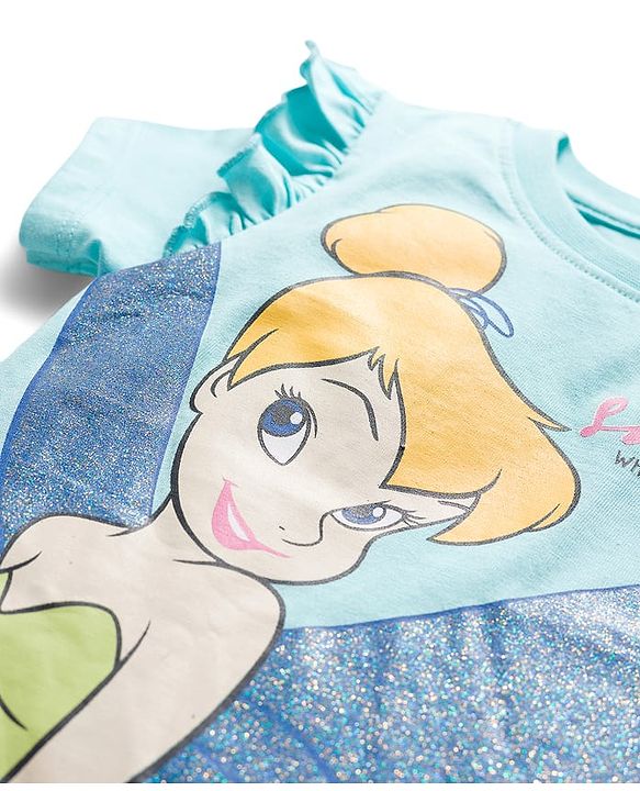 Babyhug Disney Single Jersey Knit Half Sleeves T-Shirt with Tinker Bell Graphic & Glitter Detailing - Light Blue