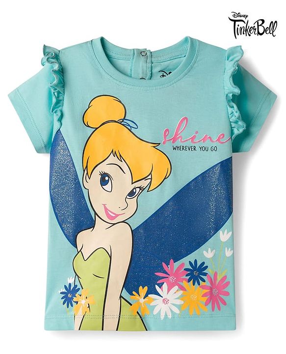 Babyhug Disney Single Jersey Knit Half Sleeves T-Shirt with Tinker Bell Graphic & Glitter Detailing - Light Blue