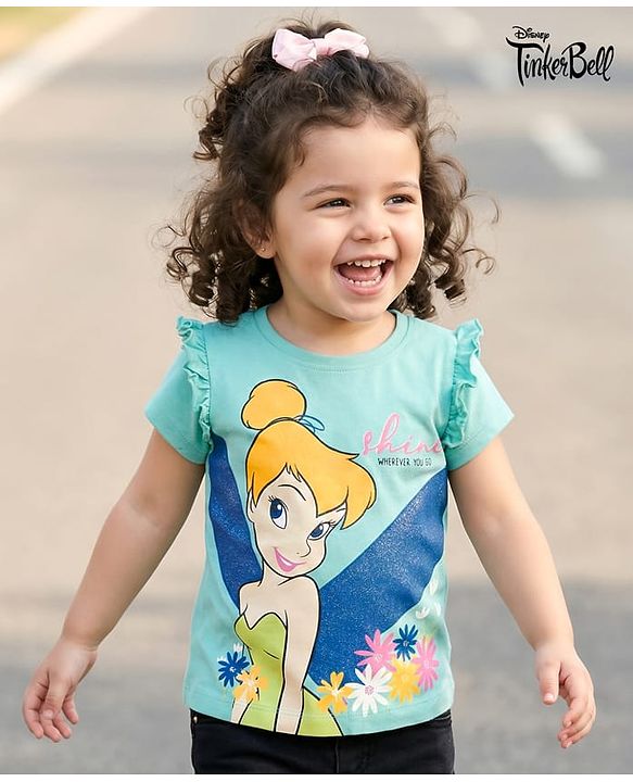 Babyhug Disney Single Jersey Knit Half Sleeves T-Shirt with Tinker Bell Graphic & Glitter Detailing - Light Blue