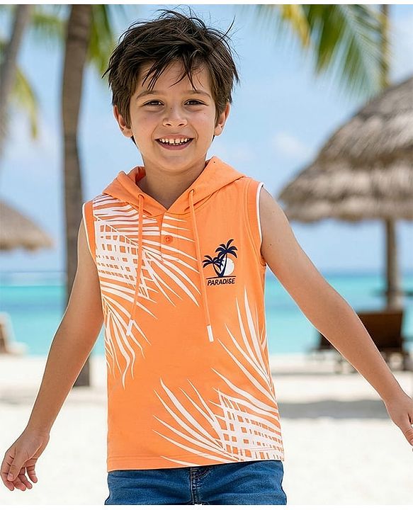 Pine Kids Cotton Knit Sleeveless Hooded T-Shirt With Tree Print - Orange