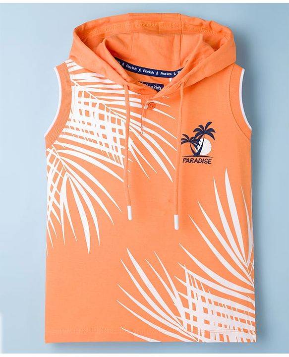 Pine Kids Cotton Knit Sleeveless Hooded T-Shirt With Tree Print - Orange