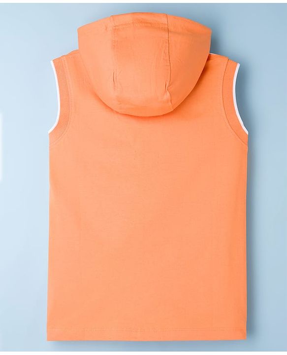 Pine Kids Cotton Knit Sleeveless Hooded T-Shirt With Tree Print - Orange