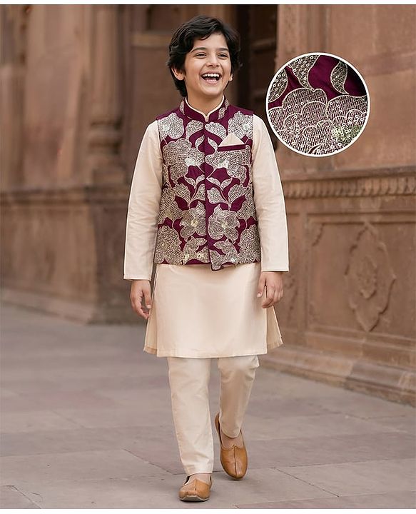 Pine Kids  Woven Full Sleeves Kurta Pajama Set with Jacket Floral Embroidery & Sequin Detailing - Wine