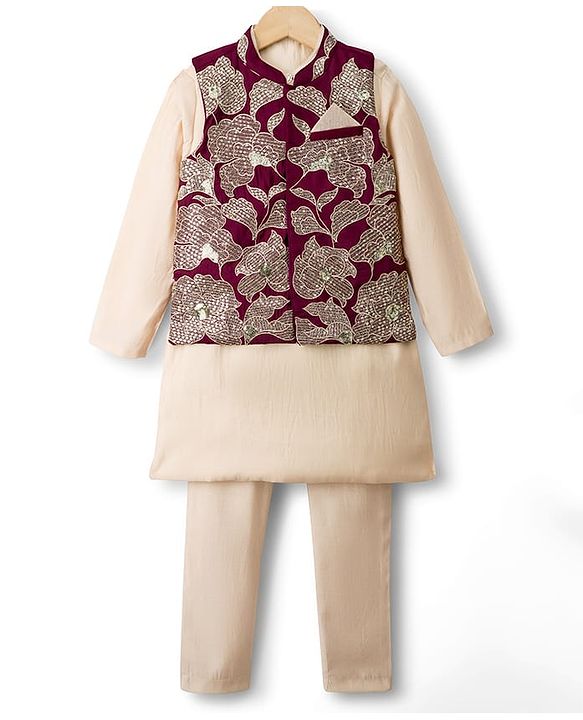 Pine Kids  Woven Full Sleeves Kurta Pajama Set with Jacket Floral Embroidery & Sequin Detailing - Wine