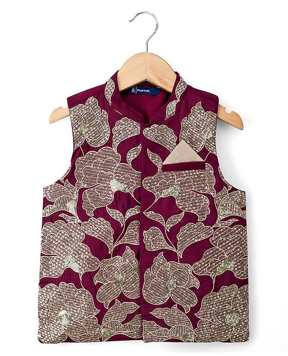 Pine Kids  Woven Full Sleeves Kurta Pajama Set with Jacket Floral Embroidery & Sequin Detailing - Wine