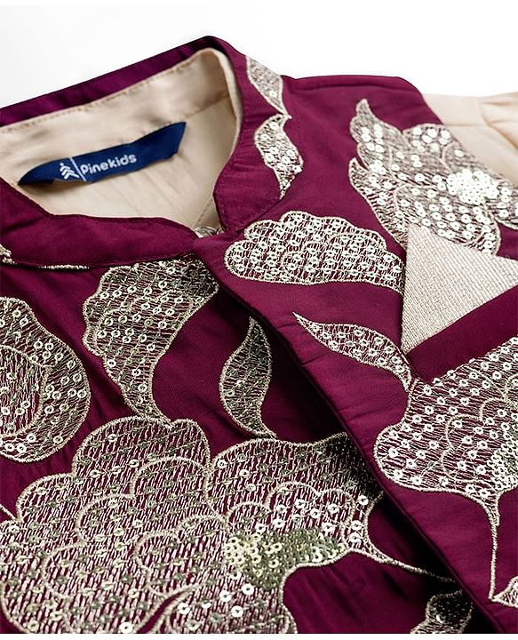 Pine Kids  Woven Full Sleeves Kurta Pajama Set with Jacket Floral Embroidery & Sequin Detailing - Wine
