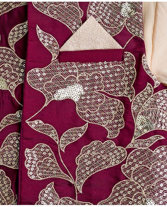 Pine Kids  Woven Full Sleeves Kurta Pajama Set with Jacket Floral Embroidery & Sequin Detailing - Wine