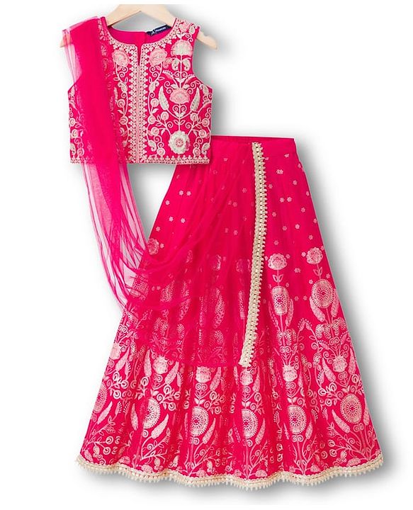 Pine Kids Woven Sleeveless Choli Lehenga With Dupatta Set With Floral Embroidery & Print - Dark Pink