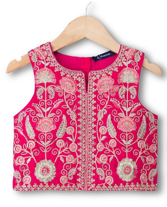 Pine Kids Woven Sleeveless Choli Lehenga With Dupatta Set With Floral Embroidery & Print - Dark Pink