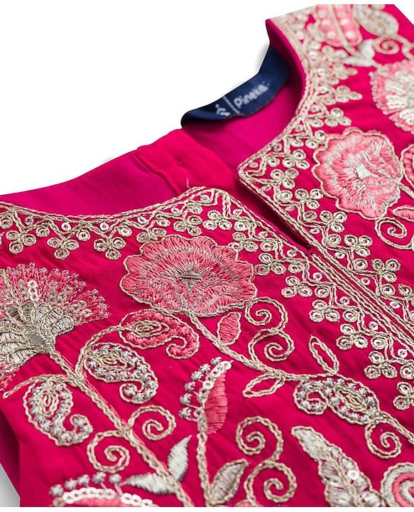 Pine Kids Woven Sleeveless Choli Lehenga With Dupatta Set With Floral Embroidery & Print - Dark Pink