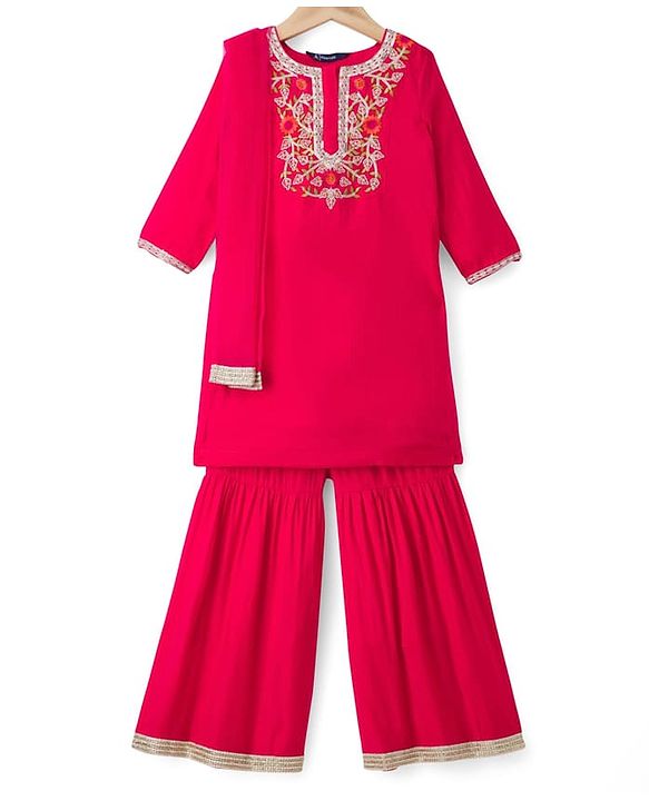 Pine Kids Woven Full Sleeves Kurti & Gharara & Dupatta Set With Floral Embroidery - Red