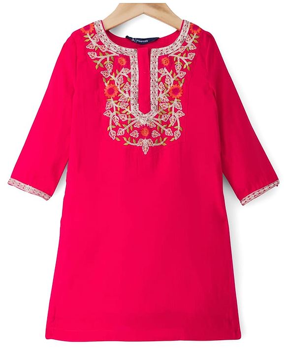 Pine Kids Woven Full Sleeves Kurti & Gharara & Dupatta Set With Floral Embroidery - Red