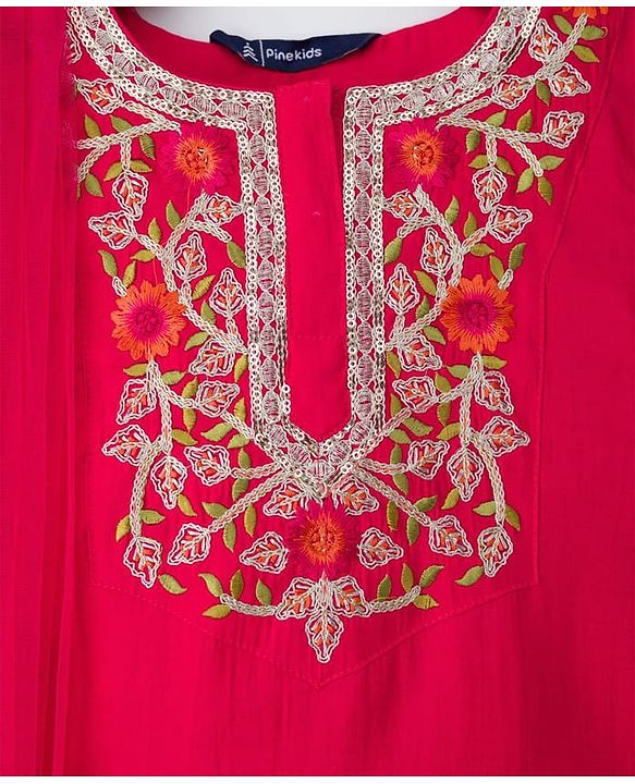Pine Kids Woven Full Sleeves Kurti & Gharara & Dupatta Set With Floral Embroidery - Red
