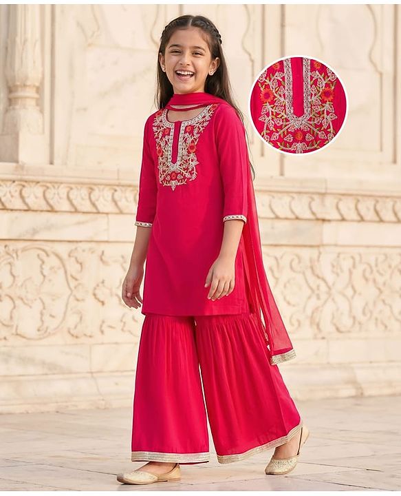 Pine Kids Woven Full Sleeves Kurti & Gharara & Dupatta Set With Floral Embroidery - Red