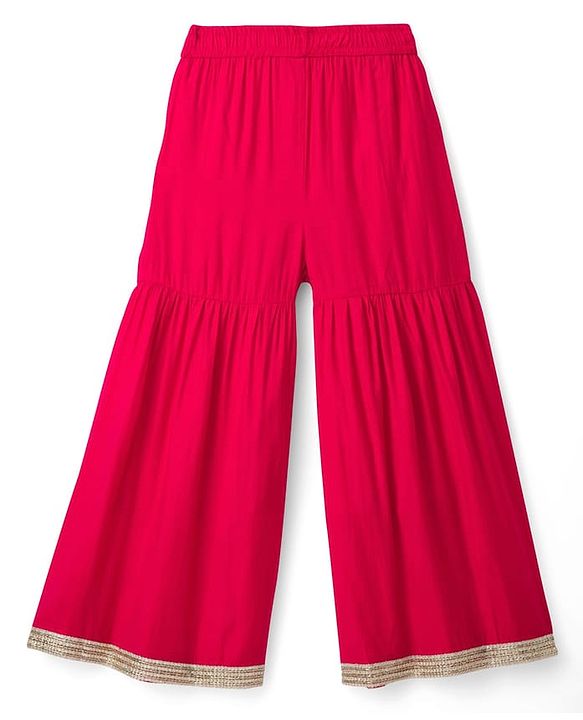 Pine Kids Woven Full Sleeves Kurti & Gharara & Dupatta Set With Floral Embroidery - Red