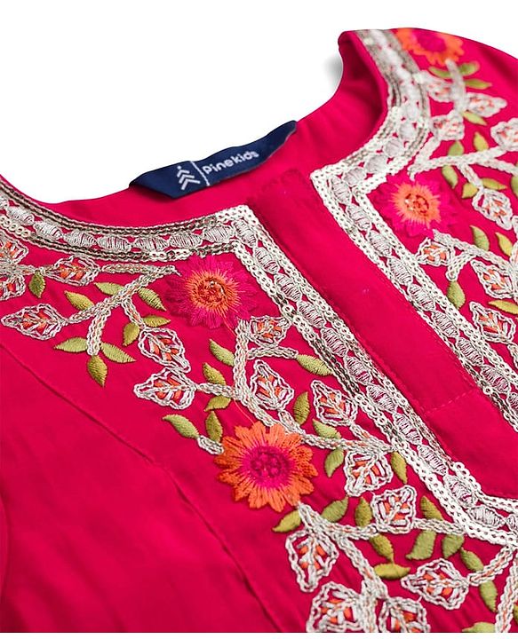 Pine Kids Woven Full Sleeves Kurti & Gharara & Dupatta Set With Floral Embroidery - Red