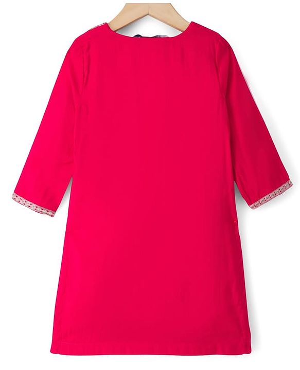 Pine Kids Woven Full Sleeves Kurti & Gharara & Dupatta Set With Floral Embroidery - Red