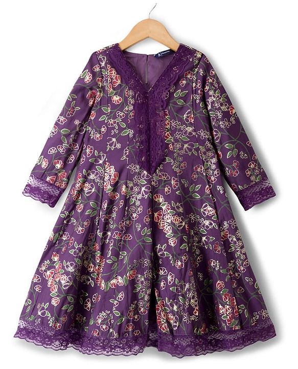 Pine Kids Full Sleeves Floral Printed Kurti & Chudidar Set With Dupatta - Purple