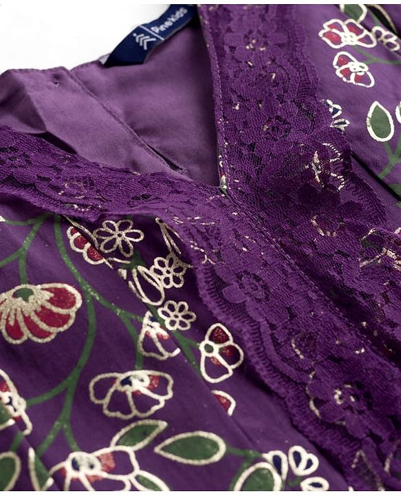 Pine Kids Full Sleeves Floral Printed Kurti & Chudidar Set With Dupatta - Purple