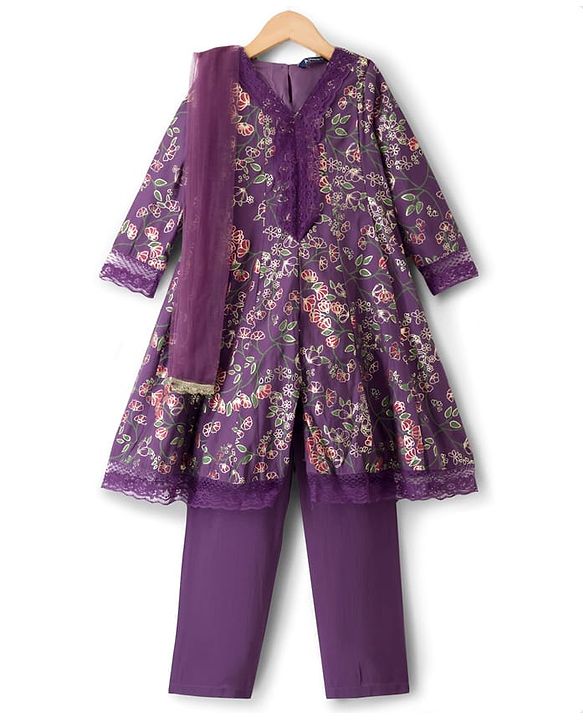 Pine Kids Full Sleeves Floral Printed Kurti & Chudidar Set With Dupatta - Purple
