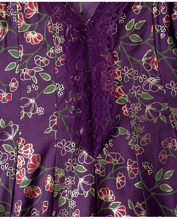 Pine Kids Full Sleeves Floral Printed Kurti & Chudidar Set With Dupatta - Purple