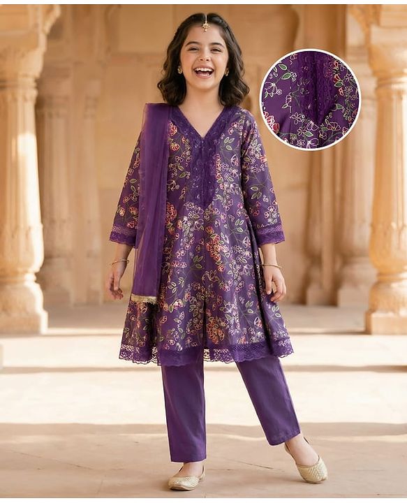 Pine Kids Full Sleeves Floral Printed Kurti & Chudidar Set With Dupatta - Purple