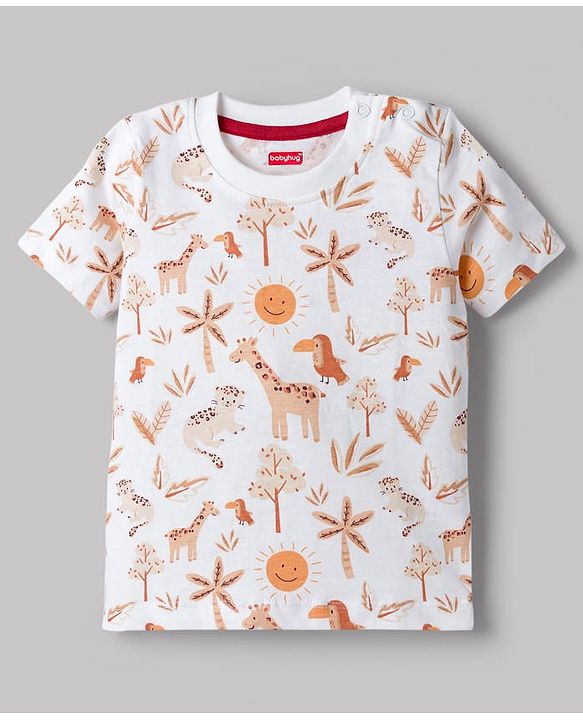 Babyhug Single Jersey Knit Half Sleeves T-Shirt & Dungarees with Jungle Safari Theme Print & Embroidery - Maroon