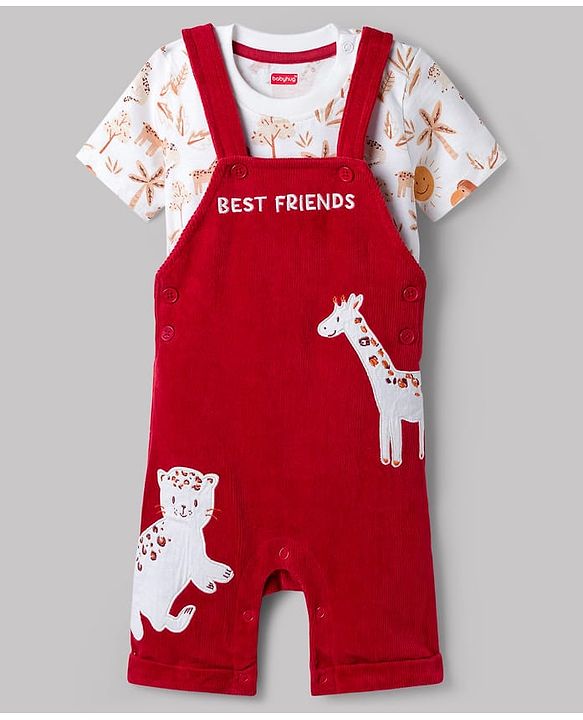 Babyhug Single Jersey Knit Half Sleeves T-Shirt & Dungarees with Jungle Safari Theme Print & Embroidery - Maroon
